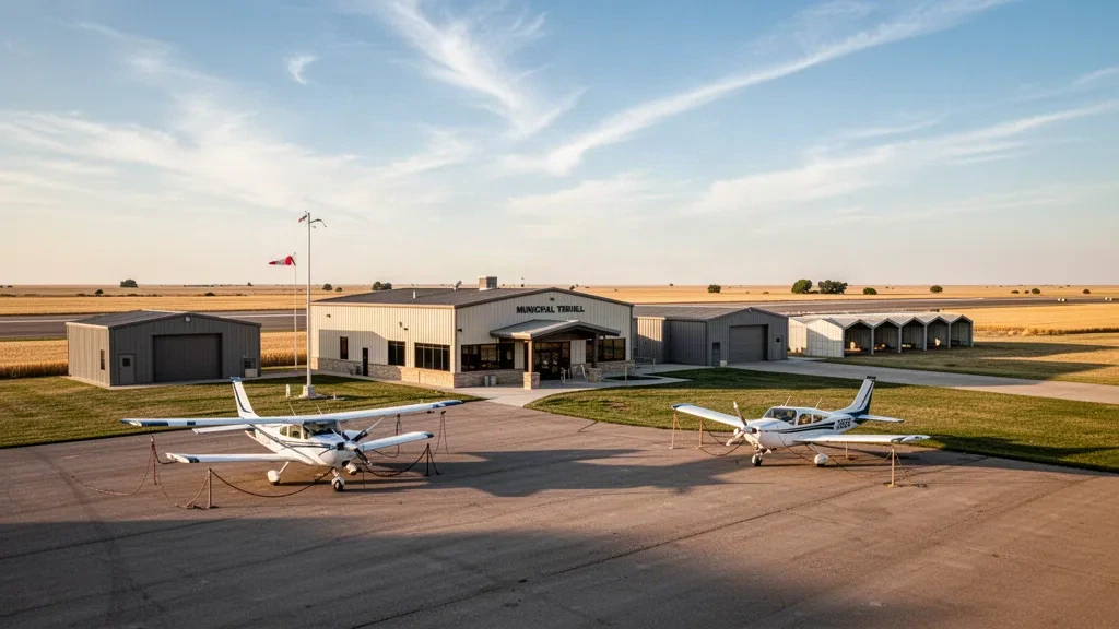 Aereo monomotore sul piazzale accanto agli hangar e al basso terminal dell'Aeroporto Municipale di Hill City in Kansas durante l'ora d'oro