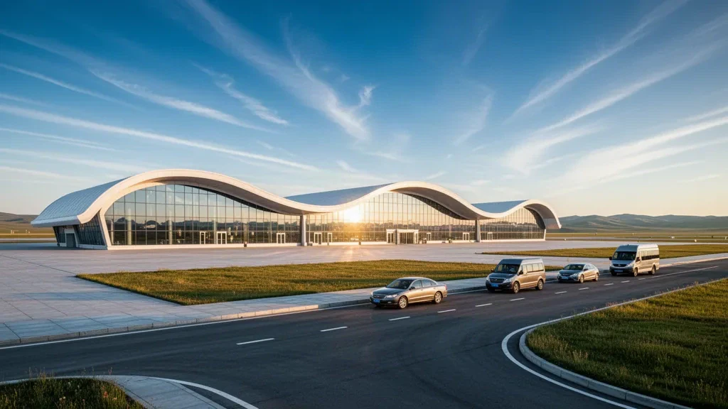 Esterno moderno del terminal dell'aeroporto di Hulunbuir Hailar in Mongolia Interna, incorniciato dalla steppa erbosa aperta sotto un ampio cielo azzurro.