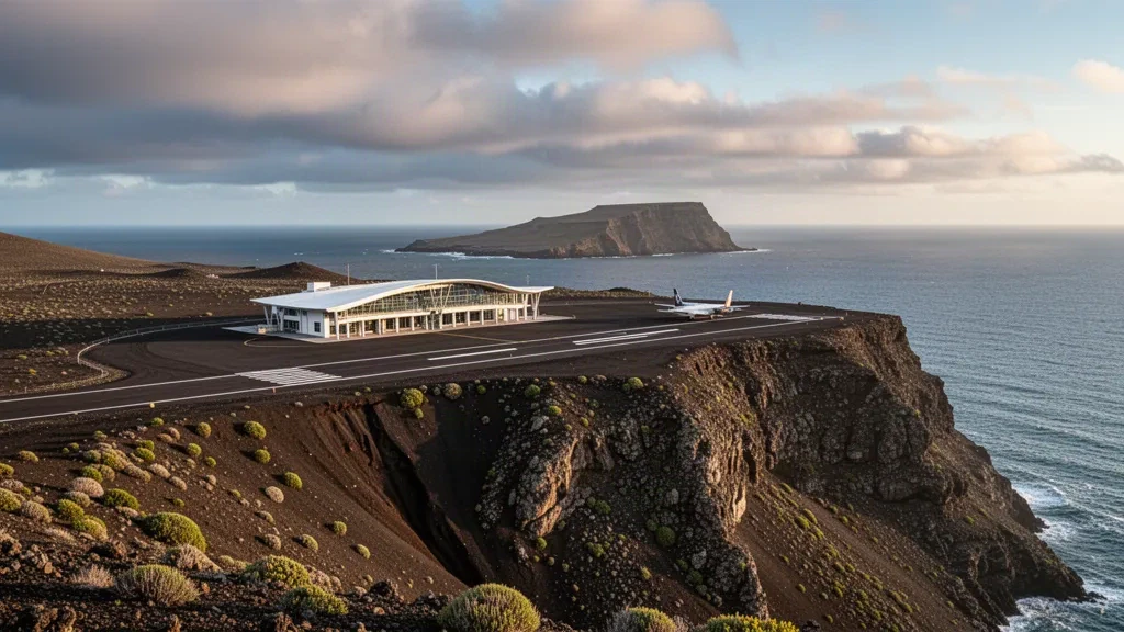 Modern terminal and runway of Saint Helena Airport on a volcanic plateau overlooking the South Atlantic Ocean