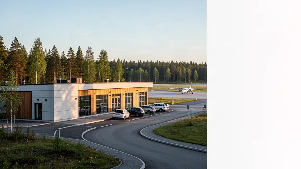 Extérieur d'un petit terminal d'aéroport régional suédois avec forêt de pins et piste à l'aéroport de Hultsfred