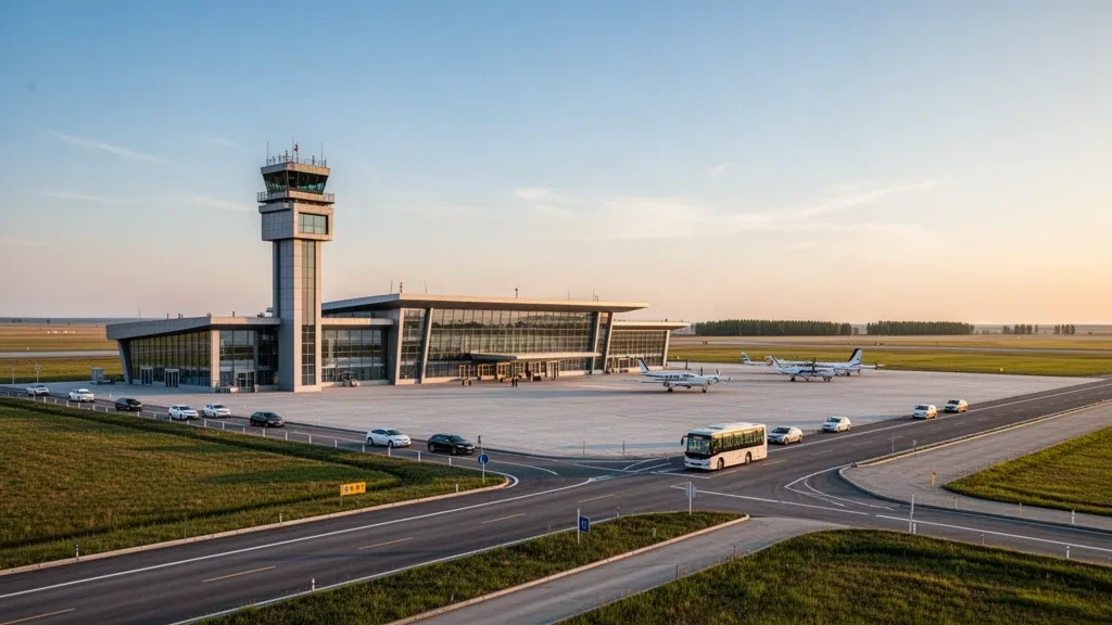 Modernes Terminal und Kontrollturm am Flughafen Zhaodong Beidahuang General in Heilongjiang mit Flugzeugen der allgemeinen Luftfahrt auf dem Vorfeld zur goldenen Stunde.