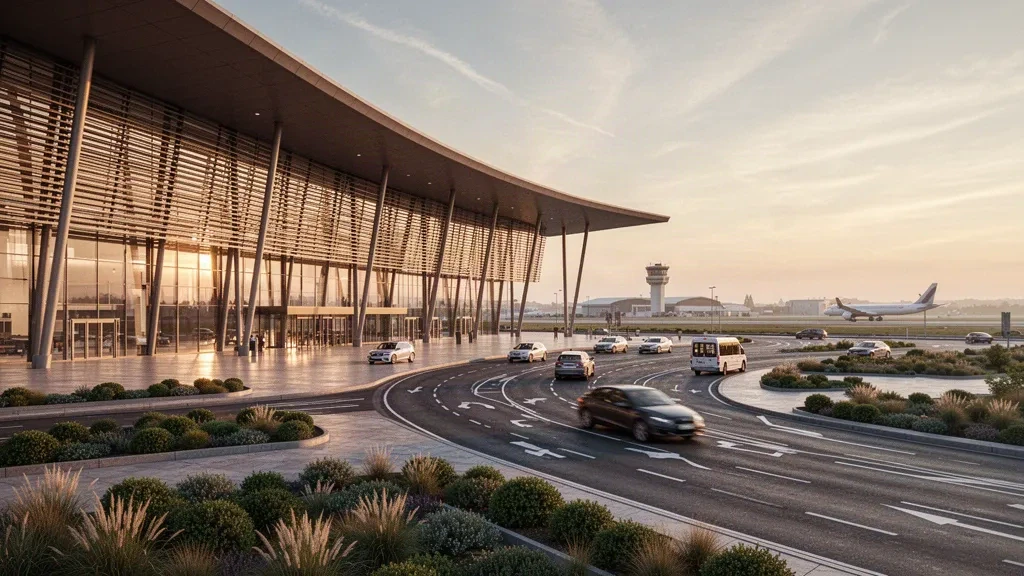 Modern curved glass terminal exterior at Hillside Airport (HLL) at golden hour, with clean access roads and open sky