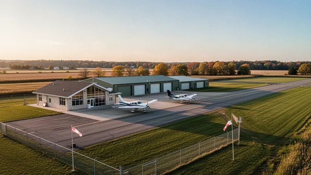 Kleiner Verkehrsflugplatz für die allgemeine Luftfahrt bei Holland, Michigan, mit einem bescheidenen Terminalgebäude, Hangars und einer befestigten Start- und Landebahn zur goldenen Stunde