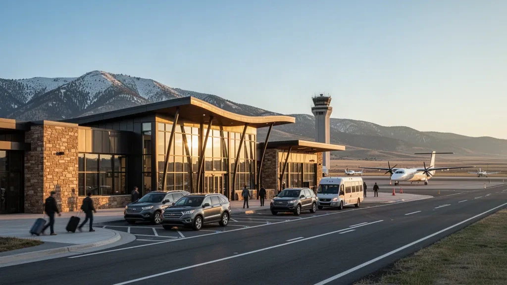 Modernes Terminal aus Glas und Stein am Helena Regional Airport in Montana mit Bergblick und Bringspur zur goldenen Stunde