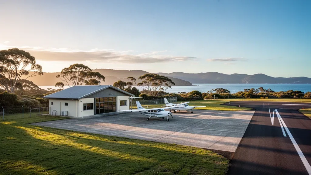 Small regional terminal and grassy apron at St Helens Airport in Tasmania with light aircraft under warm golden-hour coastal light