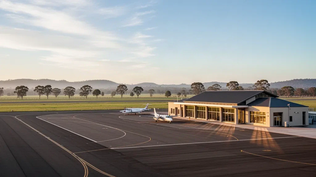 Blick zur goldenen Stunde auf das Regionalterminal des Flughafens Hamilton in Victoria, Australien, mit Kleinflugzeugen auf dem Vorfeld