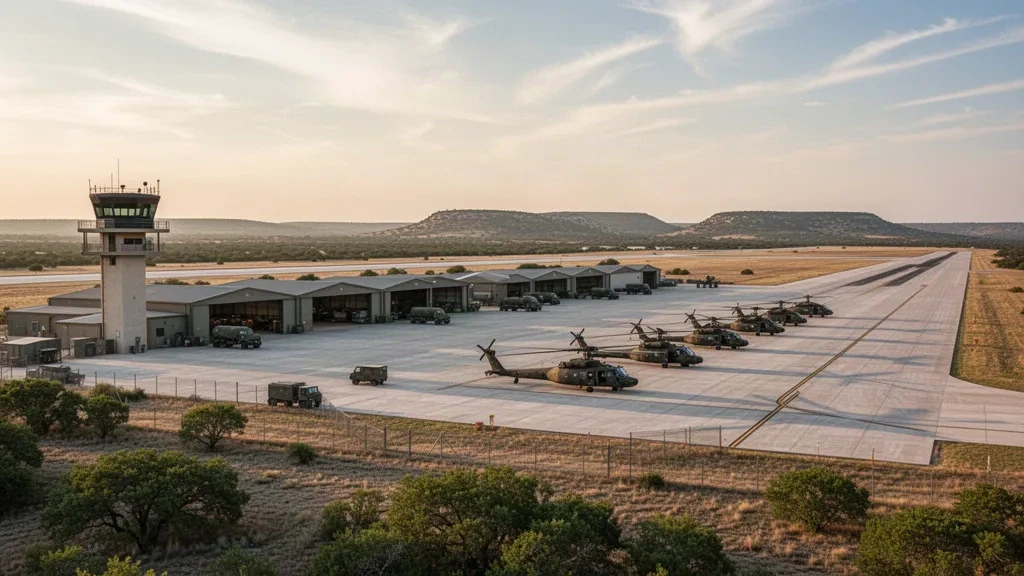 Vista amplia del aeródromo Hood Army Airfield en Fort Cavazos, Texas, con una pista, una torre de control y hangares bajo un cálido cielo del centro de Texas.