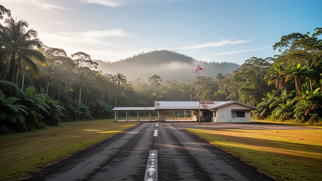 Far North Queensland'daki Helenvale Havalimanı'nda gün doğumunda yağmur ormanları ve puslu dağlarla çevrili küçük tropikal pist.