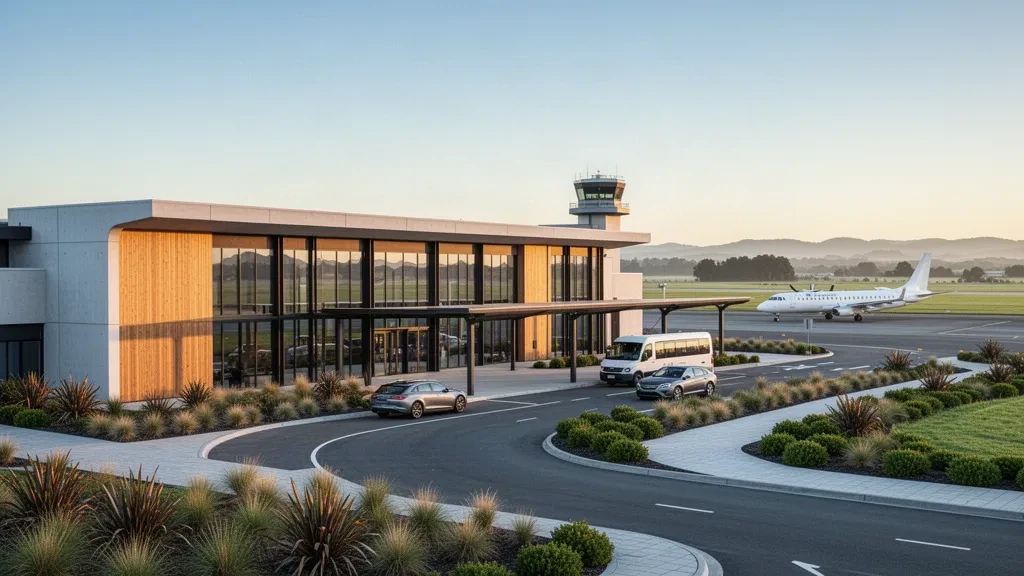 Modern Hamilton Airport terminal exterior in Waikato, New Zealand, with drop-off lanes, forecourt and parked aircraft