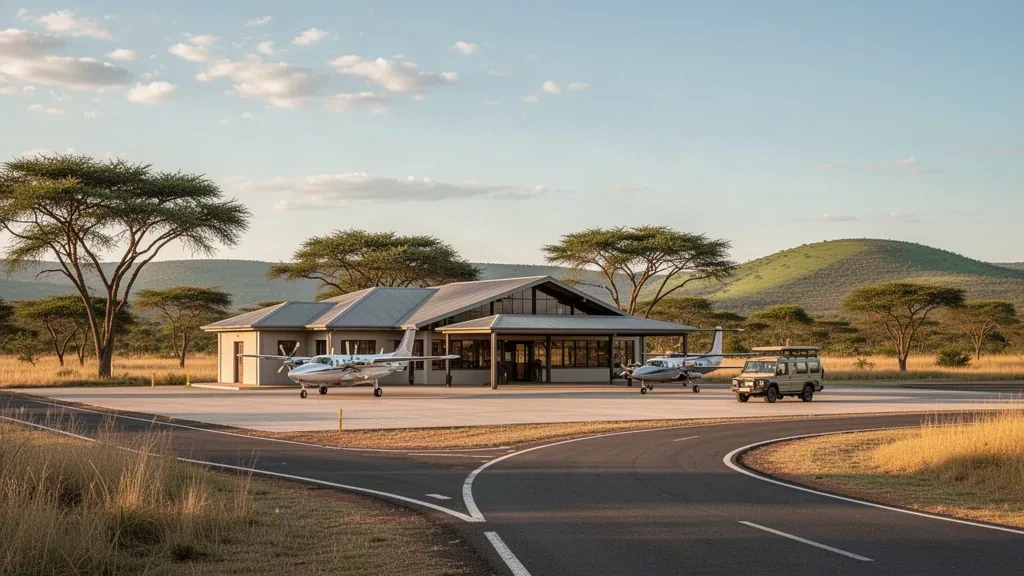 Small regional airport terminal at Hluhluwe in KwaZulu-Natal, South Africa, with a light charter aircraft on the apron and bushveld hills at golden hour