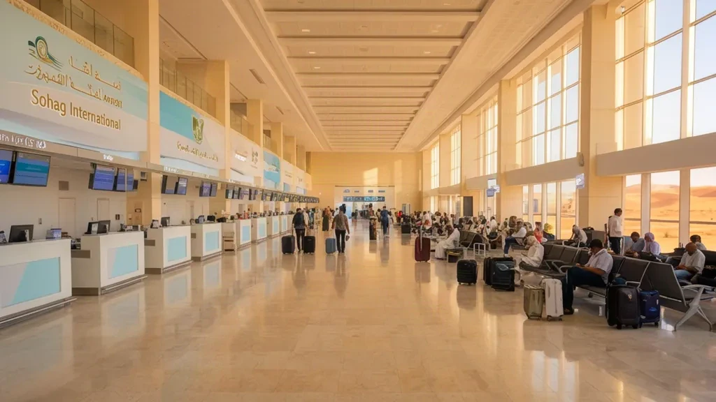 Reisende mit Gepäck im modernen Terminal des Sohag International Airport in Ägypten, mit Check-in-Schaltern und Tageslicht.
