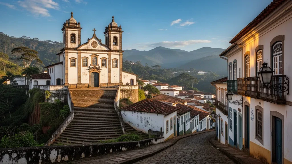 Chiese barocche coloniali e strade acciottolate di Ouro Preto nel Minas Gerais, Brasile, illuminate nell'ora d'oro