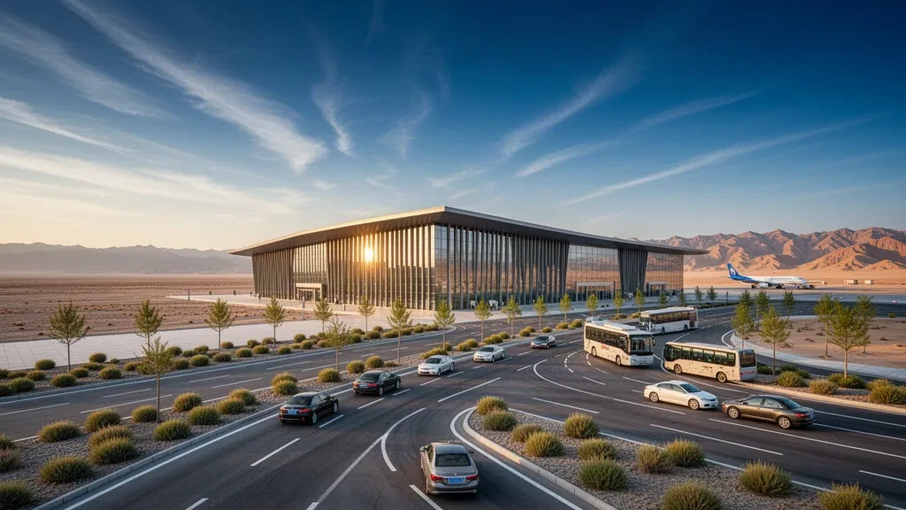 Modernes Glasterminal und Vorfahrtstraße am Flughafen Hami in Xinjiang, China, im Licht der goldenen Stunde über der Wüste