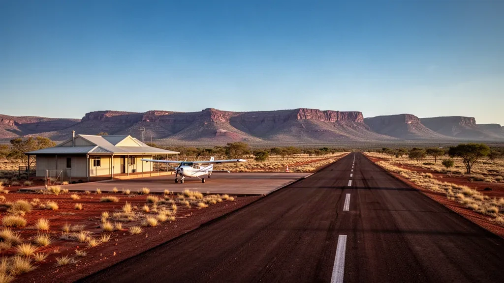 Weitwinkelansicht einer abgelegenen Outback-Landebahn mit rotem Wüstenboden, einem kleinen Terminalgebäude und fernen Bergketten im Northern Territory