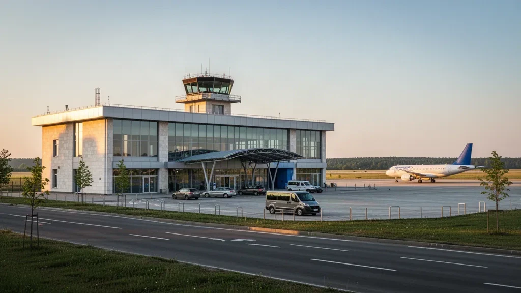 Moderne Glasfassade des Terminals am Flughafen Chmelnyzkyj in der Ukraine mit Blick auf das Vorfeld und die Zufahrtsstraße zur goldenen Stunde