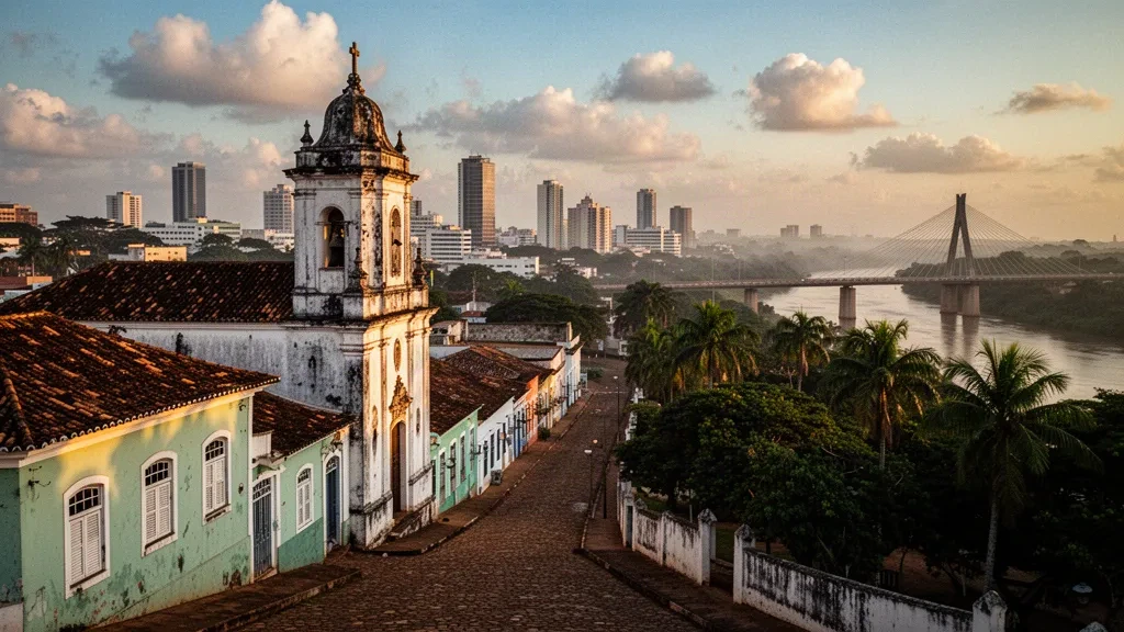 Blick zur goldenen Stunde über das koloniale historische Zentrum und die moderne Skyline von Cuiabá in Mato Grosso, Brasilien, mit dem Rio Cuiabá dahinter.