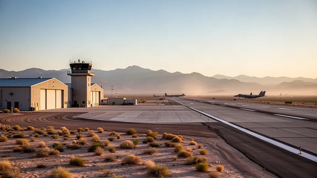Desert airfield with control tower, hangars and a long runway at Holloman Air Force Base near Alamogordo, New Mexico, at golden hour