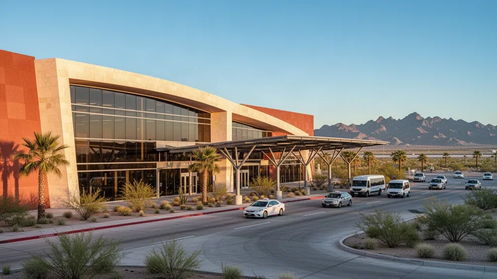 Moderne Außenfassade des Terminals aus Glas und Sandstein am Flughafen Hermosillo in Sonora, dahinter Wüstenberge und ein klarer Himmel.