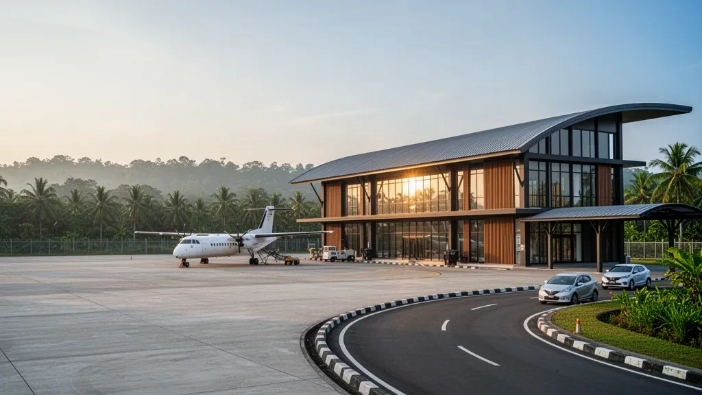 Muara Teweh, Orta Kalimantan'daki Haji Muhammad Sidik Havalimanı'nda tropikal yeşillikler ve sıcak öğleden sonra ışığıyla çevrili modern terminal ve apron.