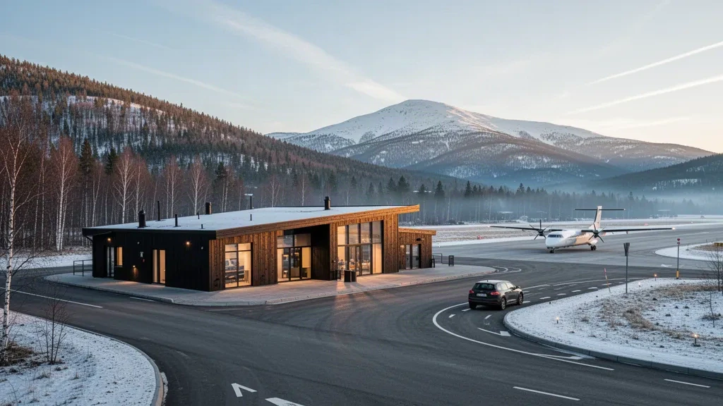 Small Nordic regional airport terminal with timber cladding beneath snow-dusted Lapland mountains at golden hour