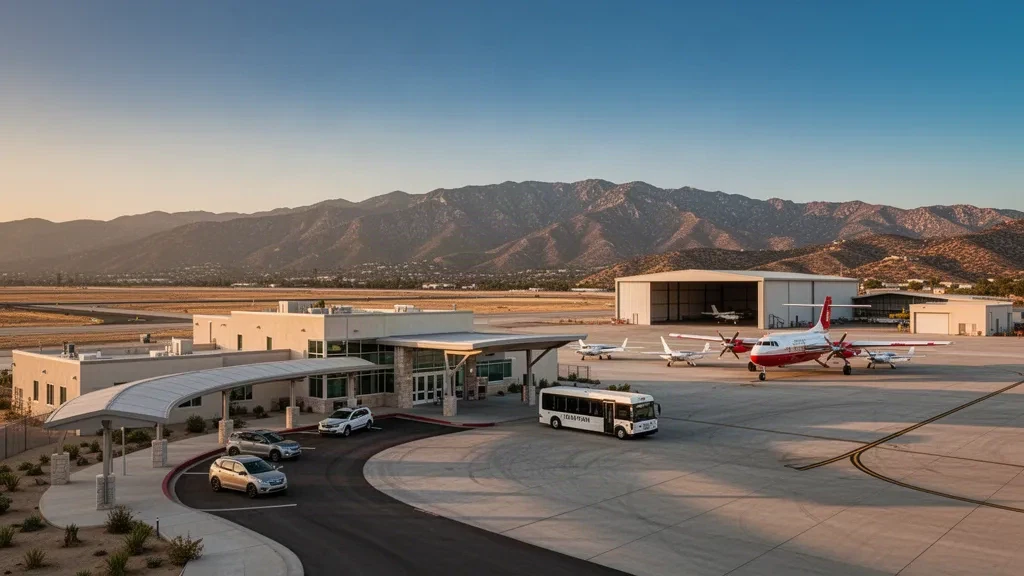 Terminal de poca altura, plataforma y avionetas en el aeropuerto Hemet Ryan de California con montañas a la hora dorada