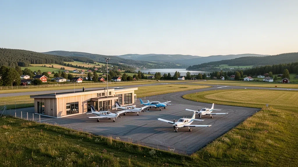 Terminal e piazzale di un piccolo aerodromo scandinavo per l'aviazione generale con aerei leggeri parcheggiati all'aeroporto di Hamar, Stavsberg, in Norvegia