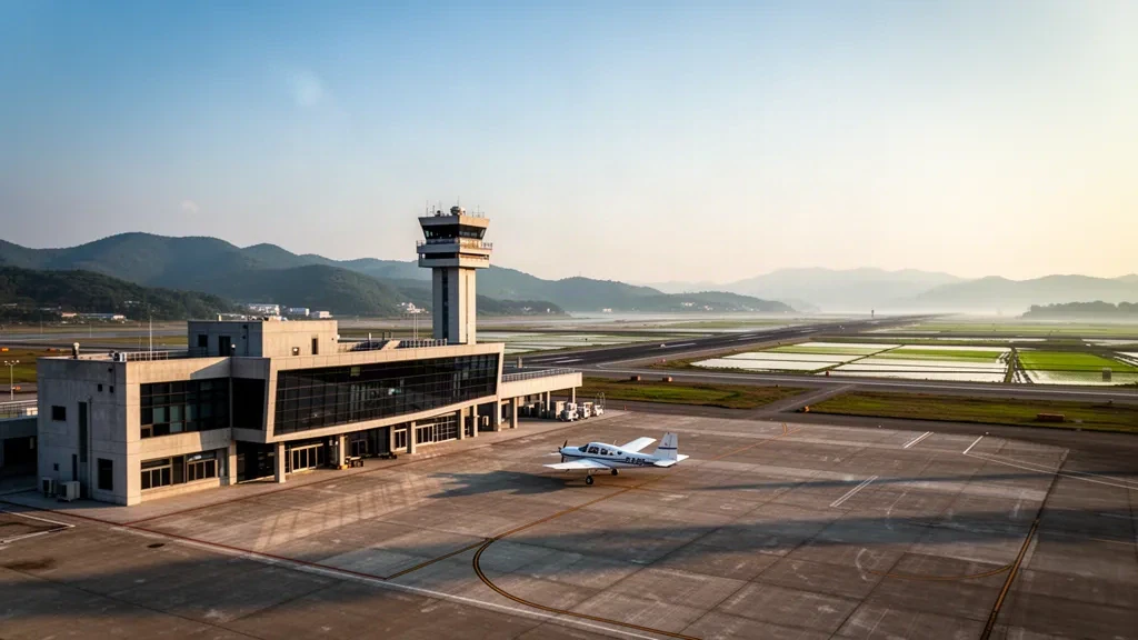 Terminal de poca altura, torre de control y plataforma tranquila en la base aérea de Seosan, Corea del Sur, bajo una cálida luz costera de hora dorada