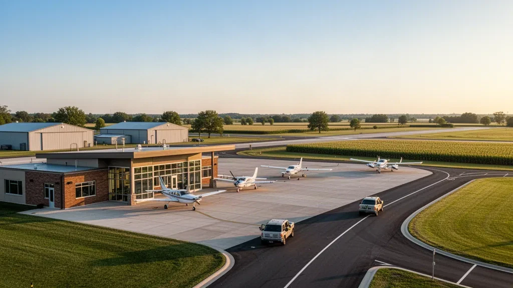 Flugzeug der allgemeinen Luftfahrt auf dem Vorfeld vor dem modernen Terminal am Huntingburg Airport in Indiana zur goldenen Stunde