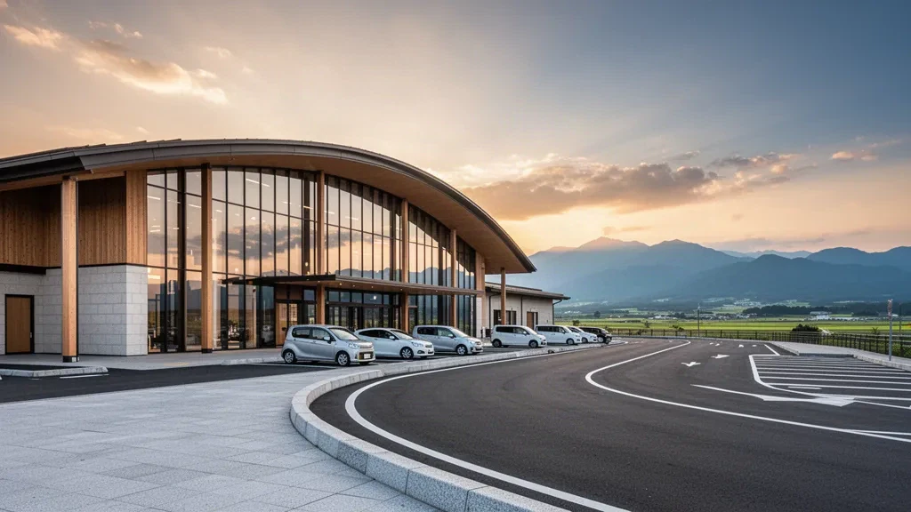 Exterior de terminal moderna de vidrio y carriles de descenso en el Aeropuerto de Iwate Hanamaki en Japón a la hora dorada, con montañas distantes al fondo
