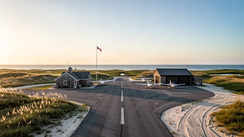 Piste côtière et petits bâtiments terminaux à l'aéroport Billy Mitchell sur l'île d'Hatteras dans une chaude lumière dorée