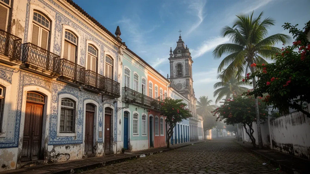 Casas coloniales con fachadas de azulejos a lo largo de una calle empedrada en el centro histórico de São Luís, Maranhão, Brasil