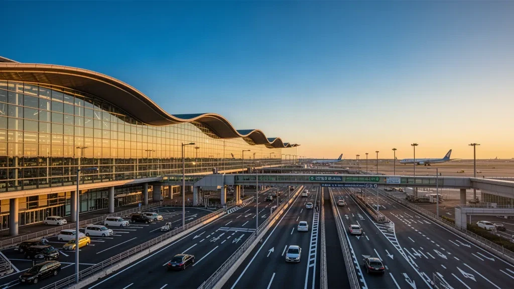 Bâtiment terminal moderne en verre à l'aéroport international de Tokyo Haneda avec des avions sur le tarmac sous un ciel doré en soirée.