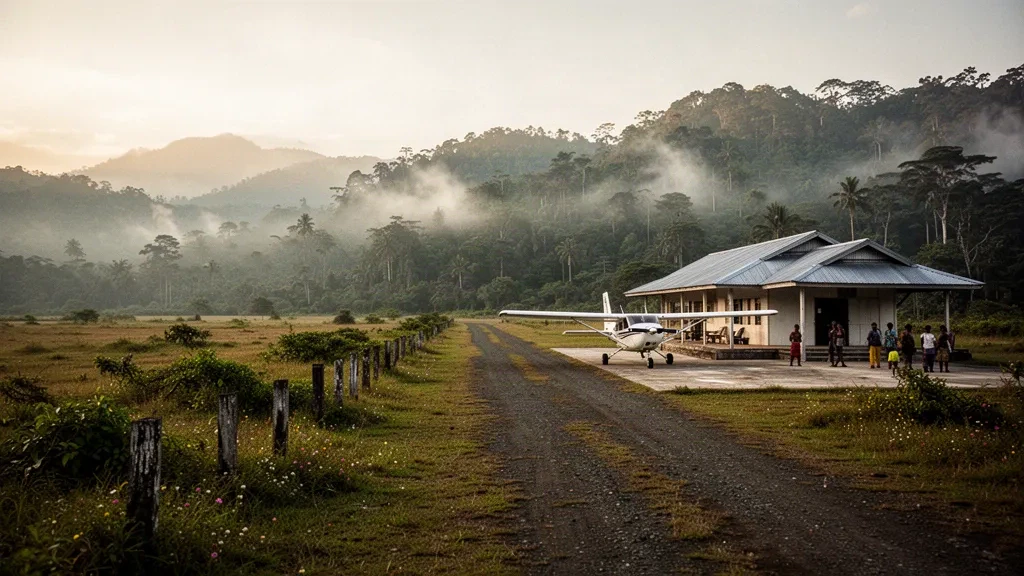 Remote highland grass airstrip and small terminal building at Heiweni Airport in Papua New Guinea at golden hour
