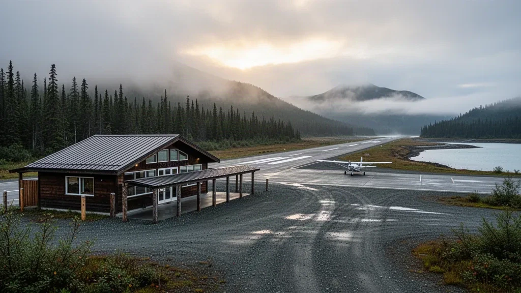 Piccolo terminal in legno, piazzale in ghiaia e montagne boscose nella nebbia all'aeroporto di Hoonah sull'isola di Chichagof, nel sud-est dell'Alaska.