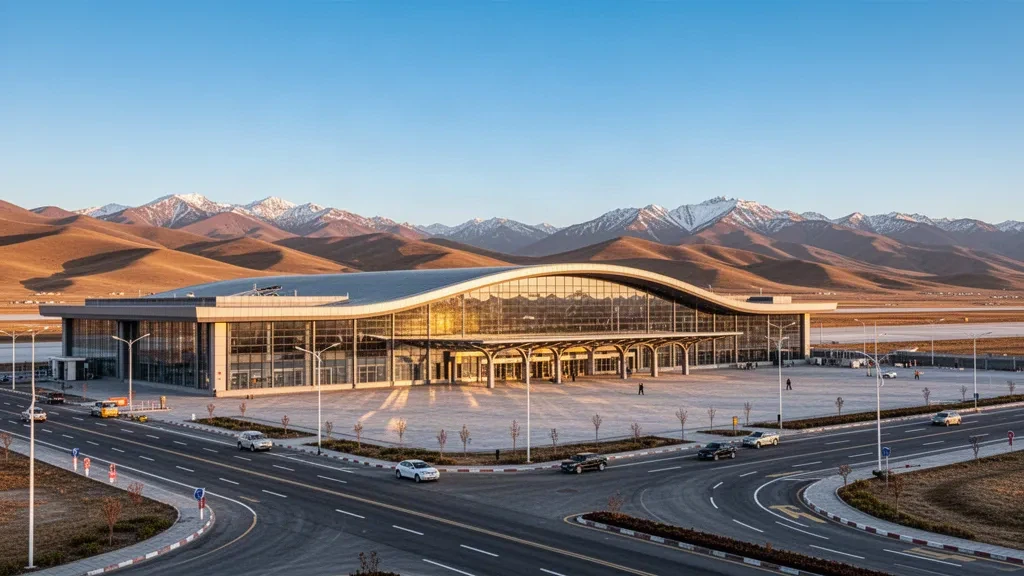 Qinghai'deki Hainan Gonghe Havalimanı'nda modern terminal binasının dış cephesi, altın saat ışığında plato dağları ve bağlantı yolları.
