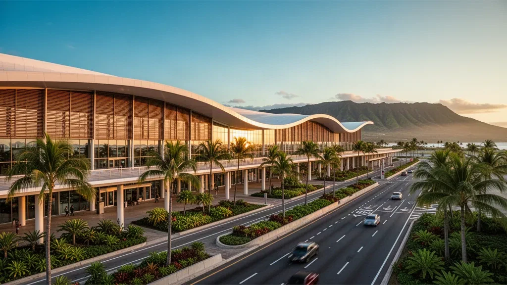 Exterior de una terminal tropical moderna en el Aeropuerto Internacional Daniel K. Inouye en Honolulu, con palmeras y luz de hora dorada