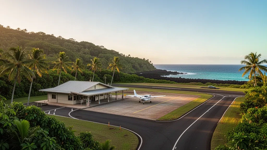 Terminal al aire libre y pista tropical en el aeropuerto de Hana, en Maui, Hawái, rodeada de palmeras y colinas verdes durante la hora dorada