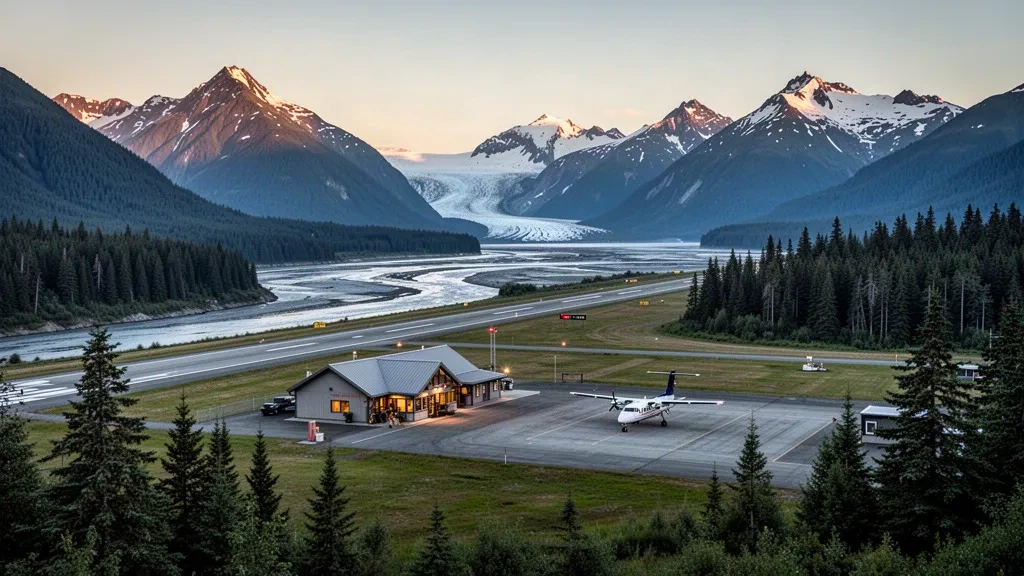 Small Alaska regional airport terminal and runway in Haines surrounded by spruce forest and snow-capped mountains at golden hour