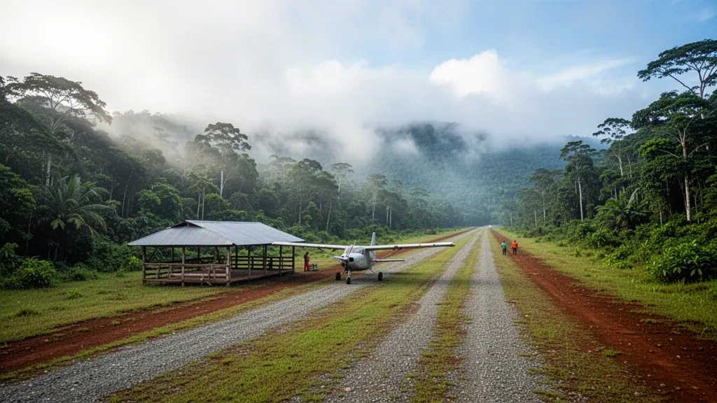 Piste en herbe isolée à l'aéroport de Honinabi en Papouasie-Nouvelle-Guinée, bordée d'une dense forêt tropicale humide sous un ciel matinal.