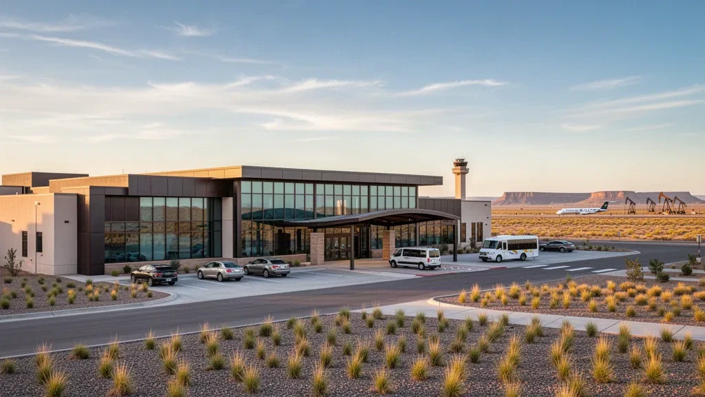 Modern glass terminal and drop-off lane at Lea County Regional Airport in Hobbs, New Mexico, glowing in warm golden-hour light