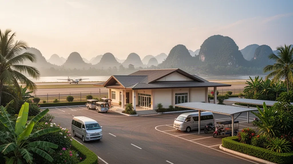 Tropisches Terminal und Vorplatz am Flughafen Ban Huoeisay in Huay Xai, Laos, mit Palmen und nebligen Hügeln hinter der Startbahn