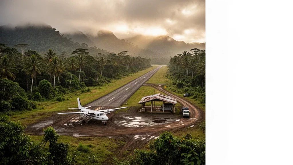 Abgelegene tropische Landebahn und kleines Terminal am Flughafen Komako in Papua-Neuguinea, umgeben von Regenwald zur goldenen Stunde
