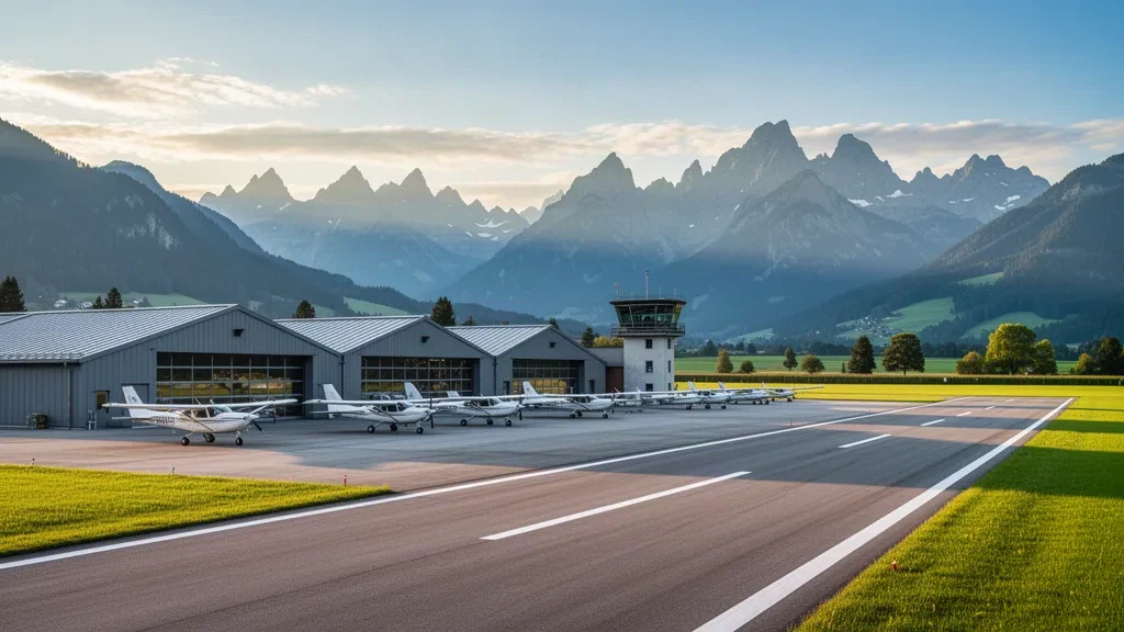 Avion léger stationné sur le tarmac de l'aérodrome de Hohenems-Dornbirn, avec les sommets alpins et des prairies verdoyantes dans une lumière dorée