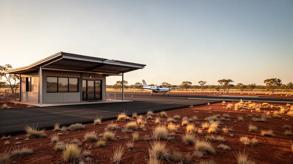 Pista remota dell'outback all'aeroporto di Hooker Creek vicino a Lajamanu, Territorio del Nord, all'ora d'oro con terra rossa e un piccolo aereo.