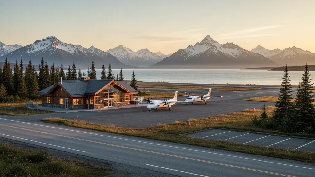Homer yakınındaki küçük Alaska bölgesel havalimanı terminali ve pisti, turboprop uçaklar ve altın rengi akşam ışığında karla kaplı dağlar