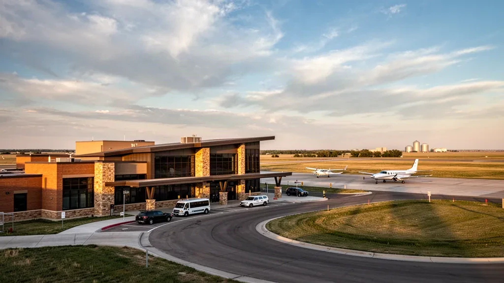 Niedriges modernes Terminal und befestigtes Vorfeld am Huron Regional Airport in South Dakota unter einem weiten Präriehimmel zur goldenen Stunde