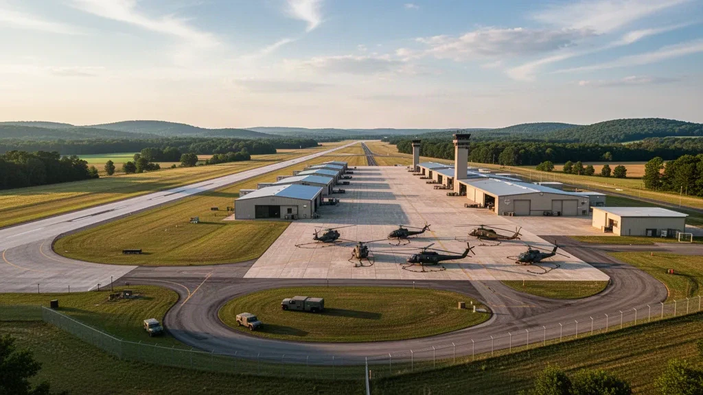 Luftaufnahme des Campbell Army Airfield in Fort Campbell, Kentucky, mit Start- und Landebahnen, Hangars und geparkten Hubschraubern zur goldenen Stunde