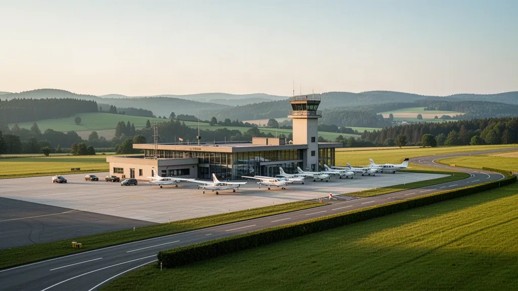 Terminal régional et tarmac avec des aéronefs légers à l'aéroport de Hof-Plauen en Bavière, entourés de collines verdoyantes sous une lumière douce.