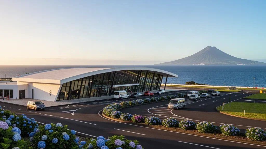 Moderno terminal in vetro dell'aeroporto di Horta sull'isola di Faial, Azzorre, con il vulcano Pico e l'oceano Atlantico nella luce dell'ora d'oro