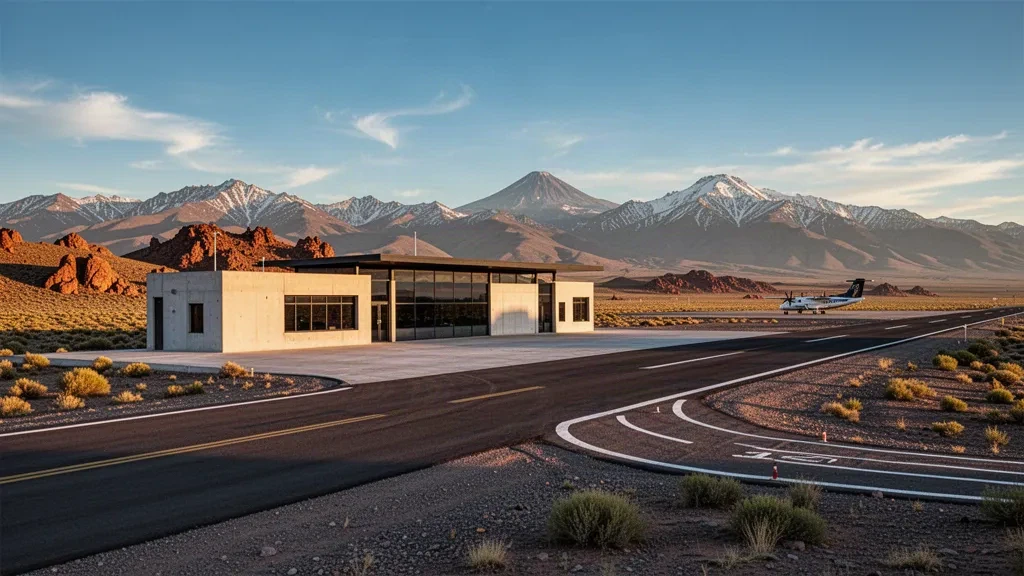 Low terminal and tarmac at Chos Malal Airport in Argentina's Neuquen highlands, with the snow-dusted Andes rising behind at golden hour.